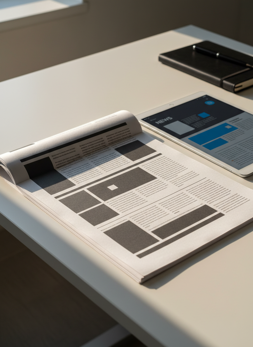 A close-up of a crisp, printed feature article spread across a minimalist white table, the pages slightly curved as if just set down. Headlines and columns are visible as refined blocks and lines without readable text, conveying journalism without specific words. A tablet lies beside it, showing a clean layout of a digital story, while a slim black notebook and pen align perfectly along the edge. Soft afternoon light from an unseen window casts long, refined shadows, enhancing the contrast of white paper and dark ink. Photographic realism, shot from a slightly elevated angle, with sharp focus on the printed pages and a gentle bokeh on the devices, evoking precision, credibility, and thoughtful reporting.
