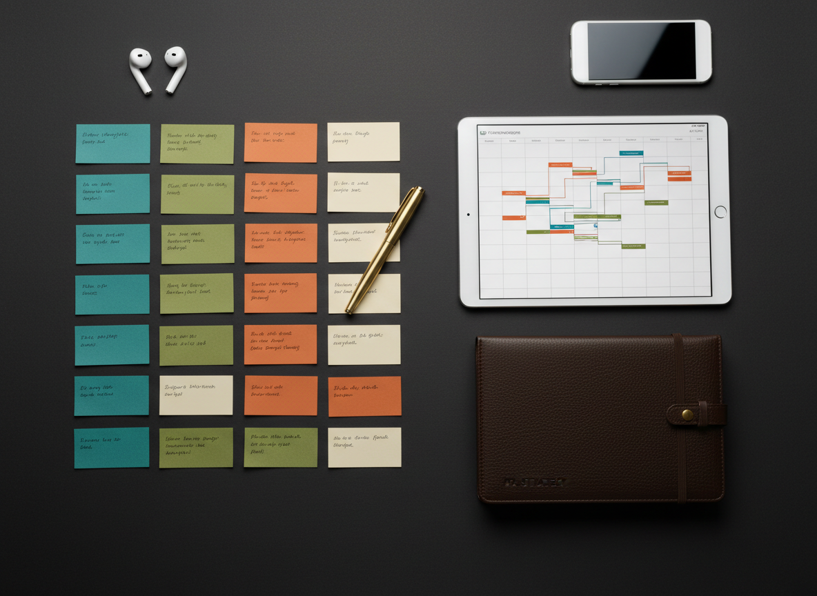 An elegant flat lay of a public relations planning session arranged on a matte charcoal surface: a structured grid of color-coded index cards, a refined brass pen, a tablet with an abstracted campaign calendar, and a closed leather-bound notebook with visible texture. A pair of minimalist wireless earbuds and a slim smartphone hint at media connectivity without showing specific apps. Overhead soft-box style lighting creates even, diffused illumination with subtle shadows that define each object without harshness. Photographic realism, top-down composition with a balanced, editorial feel, evoking strategic thinking, messaging clarity, and polished communication suitable for a sophisticated writing portfolio.