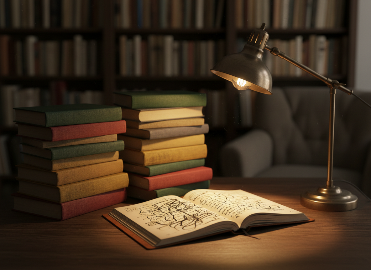 A warmly lit creative writing corner featuring a stack of well-worn hardback books with textured cloth covers, an open journal filled with abstracted lines suggesting handwritten prose, and a vintage-style metal desk lamp with a warm filament glow. The items rest on a dark oak table near a softly blurred bookshelf filled with more volumes in muted tones. The lamp casts a focused pool of light over the journal, with the surrounding space gently falling into shadow. Photographic realism, shot at a three-quarter angle with shallow depth of field, creating an intimate, reflective mood that suggests deep storytelling, imagination, and literary craft.